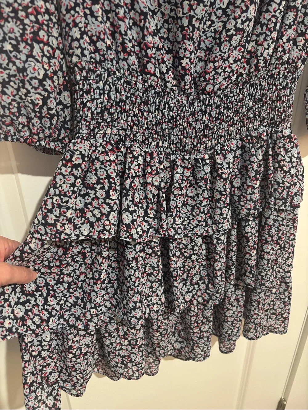Michael Kors Black Smocked Off-Shoulder Floral  Dress